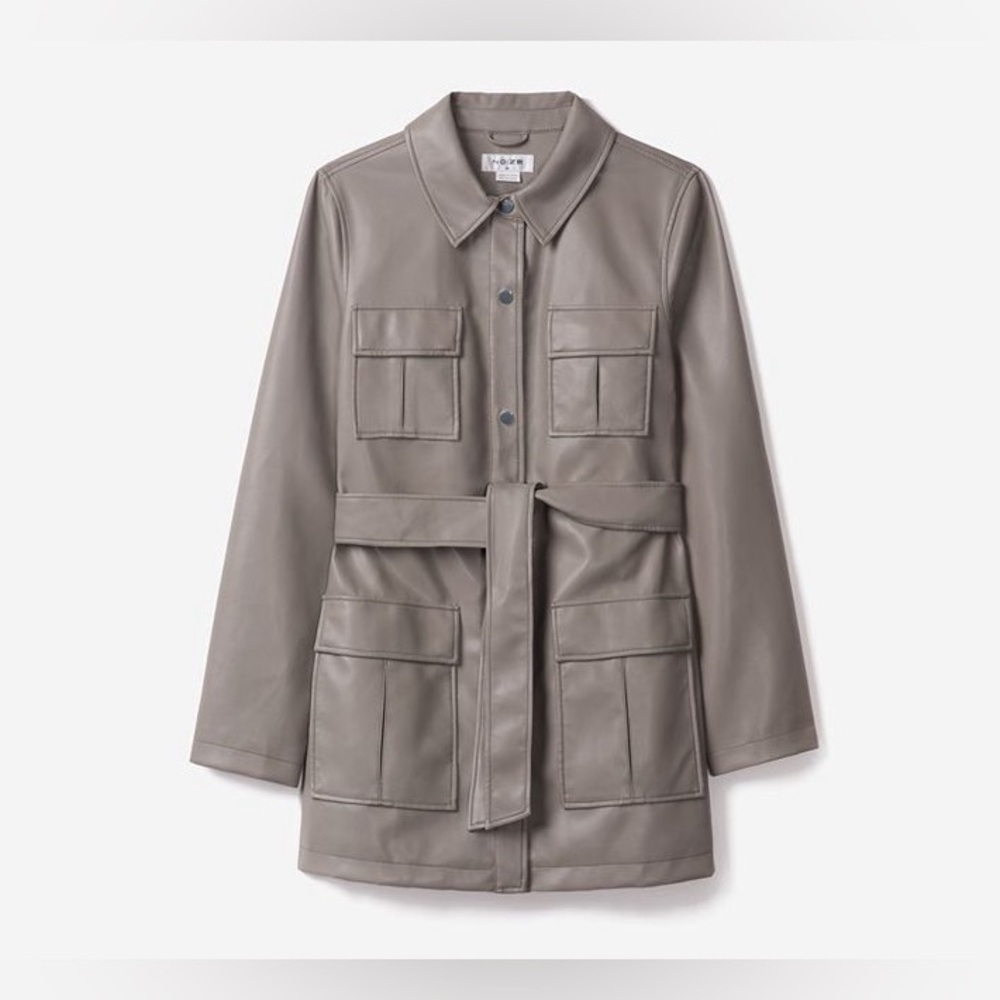 NOIZE Vegan Leather Gray Belted Trench Coat Size Small VGUC